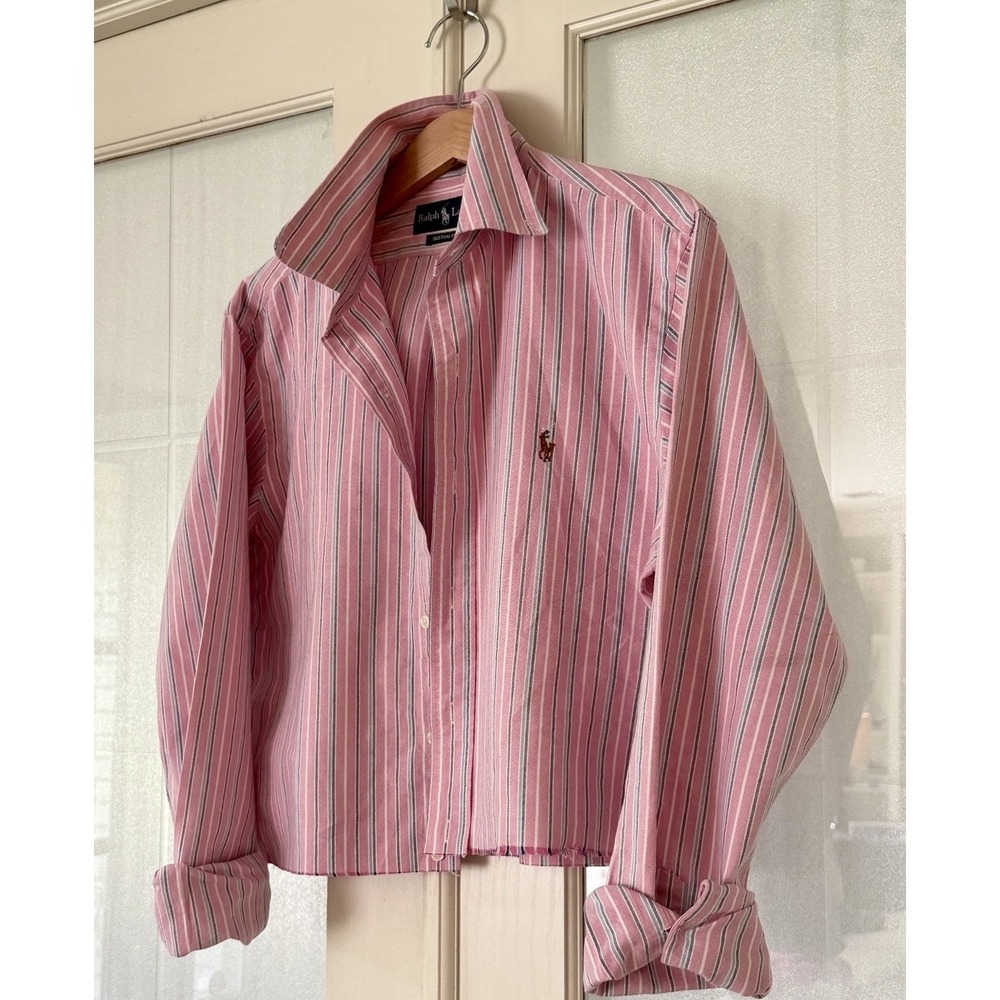 Polo Ralph Lauren Pink Striped Button Down Mens M Cropped Raw Hem Upcycled Women